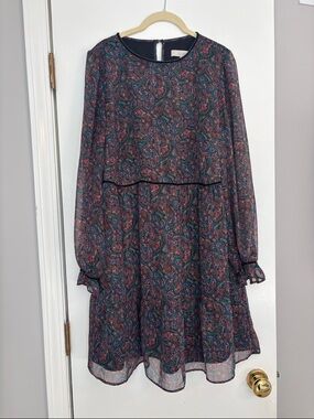 LOFT Paisley Long Sleeve Shift Dress in Navy with Pink & Teal